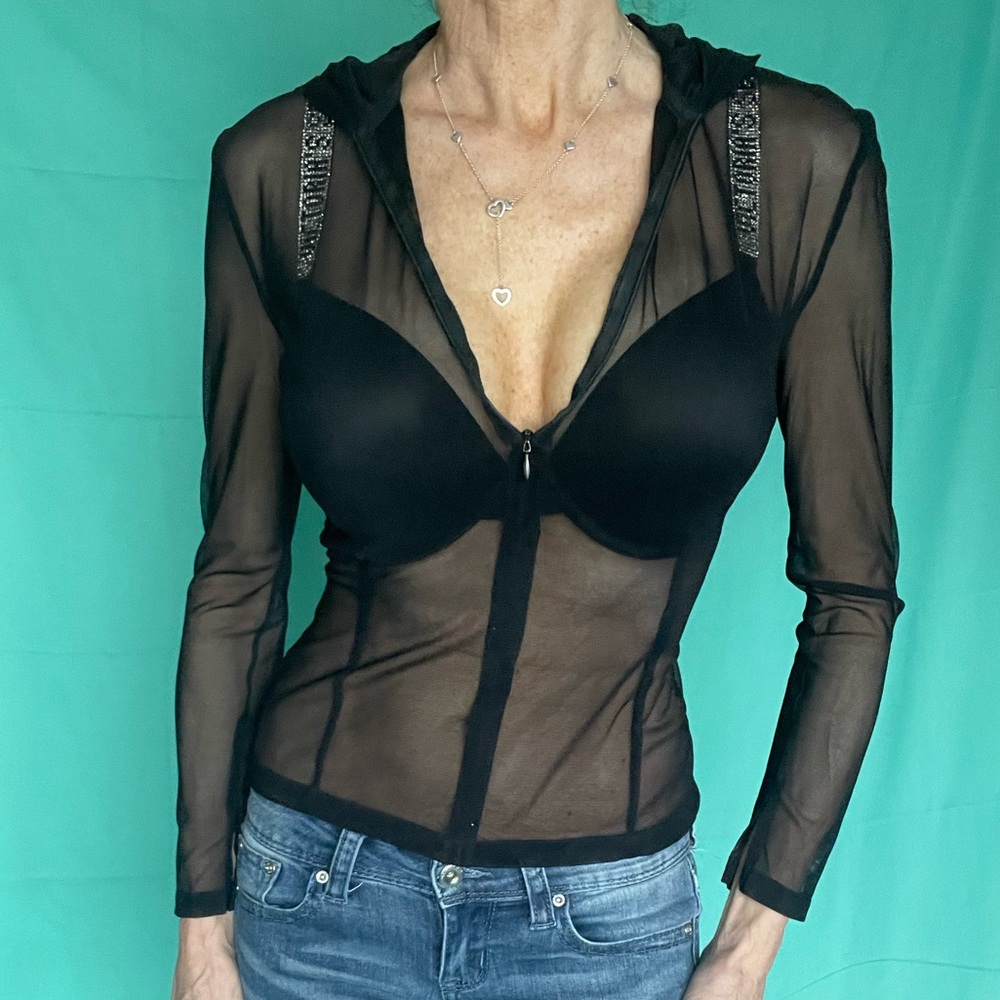 Mark Wong Nark Sheer Hooded 1/2 Zip Front Top - image 7